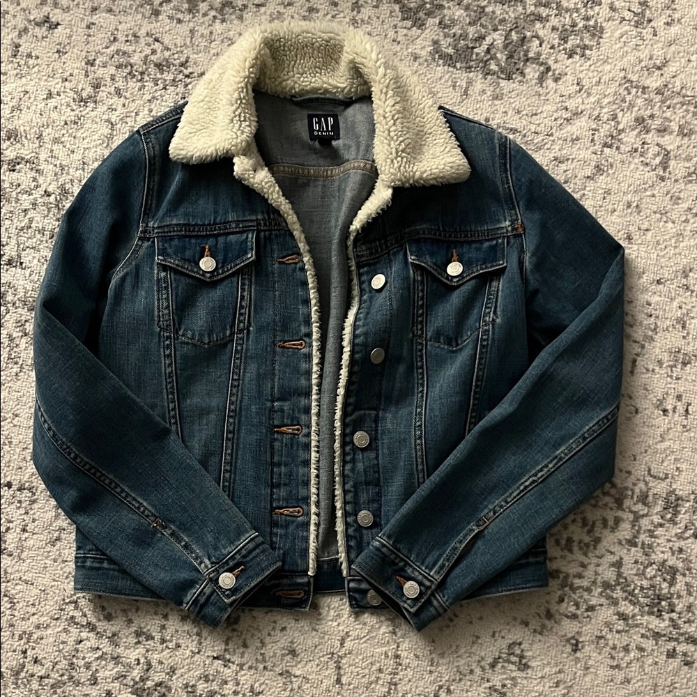 GAP Blue Denim Jacket with Cream Sherpa Collar